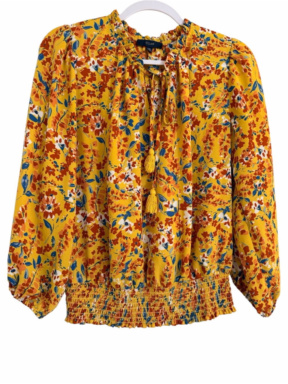 Éclair Yellow Floral Tie-Neck Peasant Blouse